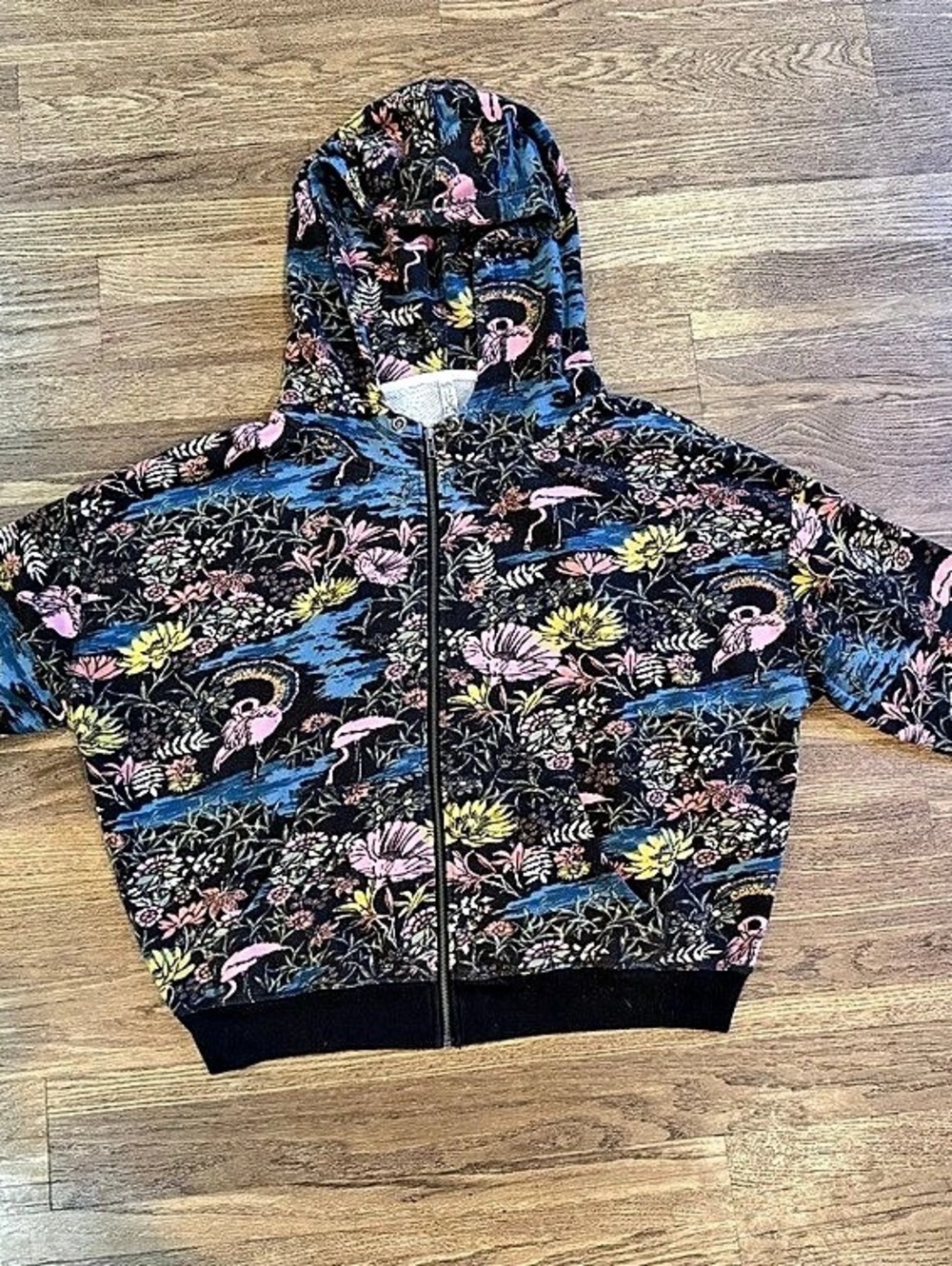 Anthropologie Floral Hooded Jacket in Black & Blue Like New